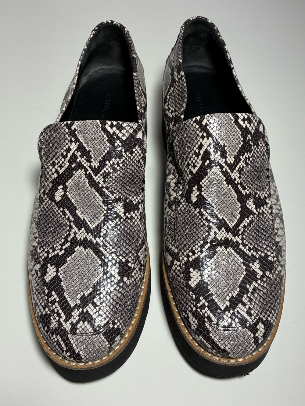 Vince Snake Print Platform Loafers in Black and White